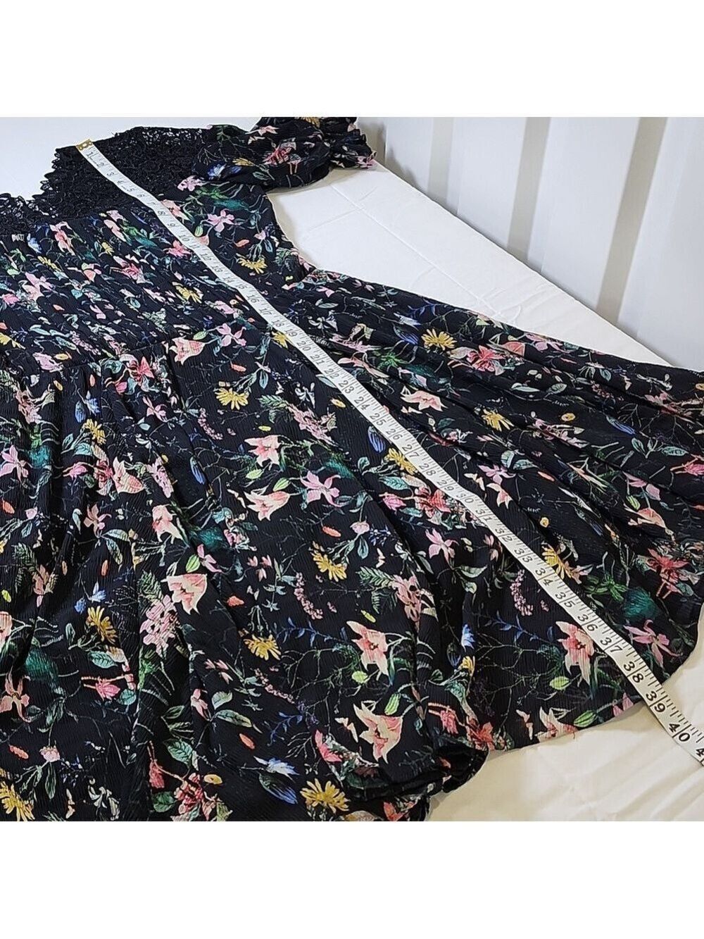 The Kooples Black Floral Midi Dress Lace Inset Top Size Medium Puff Sleeves - Picture 9 of 10